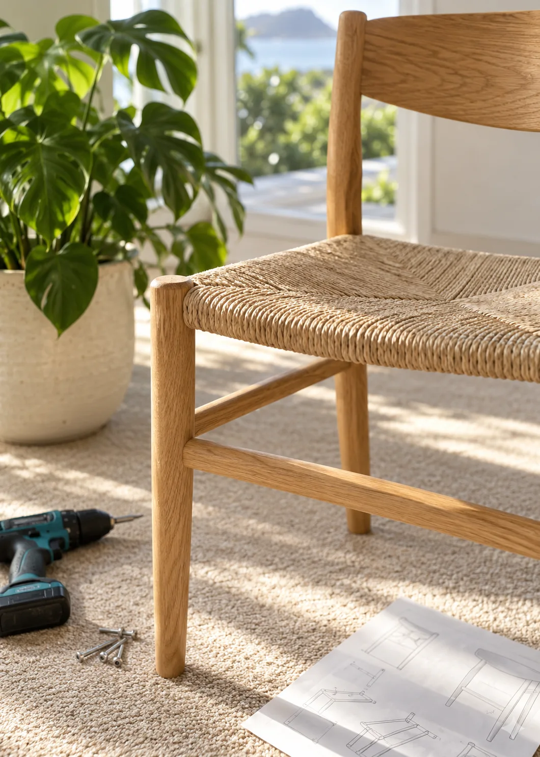 Oak dining chair with an assembly guide and tools in a sunlit home